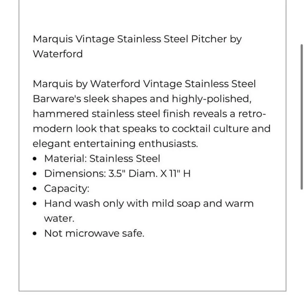 Waterford Marquis Vintage stainless steel pitcher New in Box cocktail server